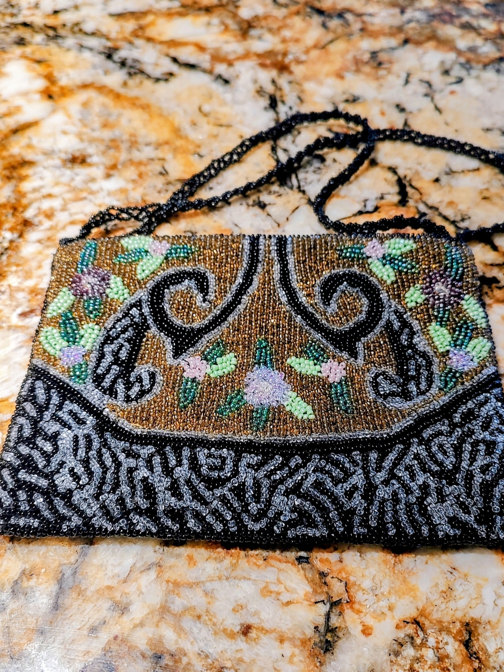 Beaded Christiana Floral Evening Clutch in Black and Gold
